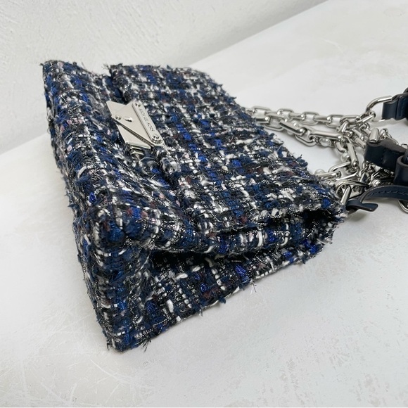 MICHAEL KORS Cece Tweed Small Shoulder Crossbody Satchel Bag Silver Chain Luxury - Picture 13 of 17